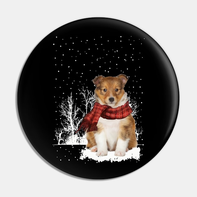 Christmas Shetland Sheepdog With Scarf In Winter Forest Pin by Tagliarini Kristi