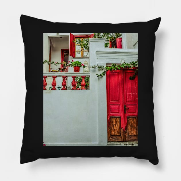 Aesthetic colorful greek island home Pillow by IOANNISSKEVAS