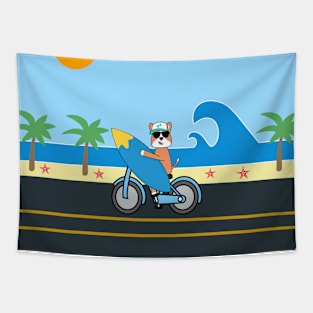 Cycling kawaii dog to the beach with his surfboard Tapestry