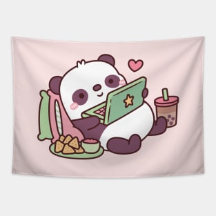 Cute Panda Chillin with Anime Chips and Bubble Tea Tapestry