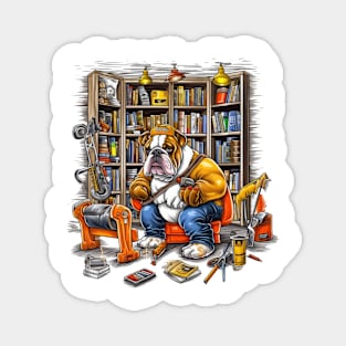 A Carpenter English Bulldog with a measuring tape and drill, installing shelves in a cozy home library Magnet