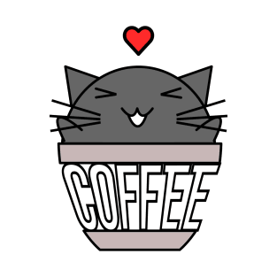 Happy cat in coffee cup with warped text heart on head black T-Shirt