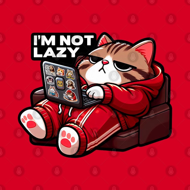 I'm Not Lazy meme Chubby Tabby Cat Relaxing Laptop Comfy Sofa by Plushism