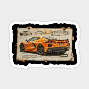 Orange C8 Corvette Design Drawing Supercar Racecar Muscle Car Printed on Back Amplify Orange Corvette C8 Magnet