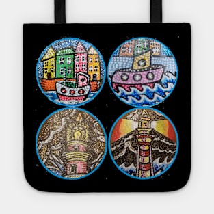 2 boats and 2 lighthouses painting Tote