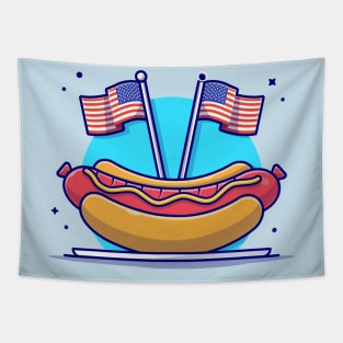 Tasty Hotdog on Plate with USA Independence Day Flag And Balloon Cartoon Vector Icon Illustration Tapestry