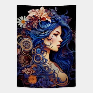 Mechanical Elegance: The color of Flowers and Gears Tapestry