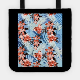 Palm Leaves And Flowers, Red Blue Tote