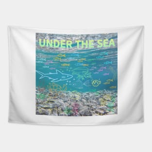 under the sea,blue sea,sea creatures,Turtle, puffer fish, starfish, shrimp, shark, tropical fish, sea horse, seaweed, sardines, squid, crabs, clams Tapestry