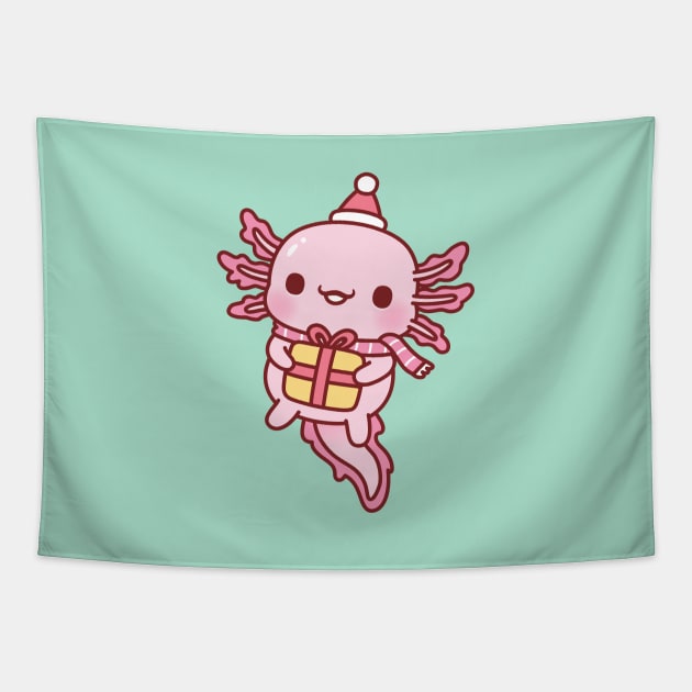 Cute Axolotl With Christmas Santa Hat Scarf And Present Tapestry by rustydoodle