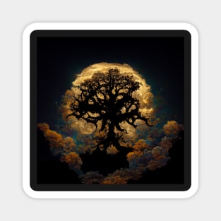 Large old oak tree at night surrounded by glowing magic mushrooms on the ground and a full moon in the sky with fractal clouds Magnet