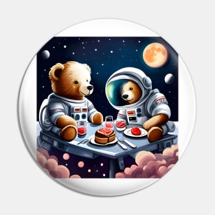 Two Teddy's in space suits having a romantic dinner on the Moon Pin