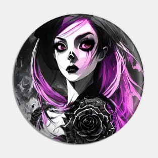 Emotional Contrast: Engaging Black and White Anime Girl Illustrations Gothic Goth Dark Pink Hair Violet Pin