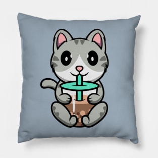 Cute Kitten enjoying Boba tea Pillow