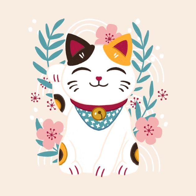 Japanese Lucky Cat With Cherry Blossoms by Serena Archetti