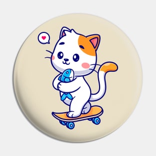 Cute Cat Holding Fish On Skateboard Cartoon Pin