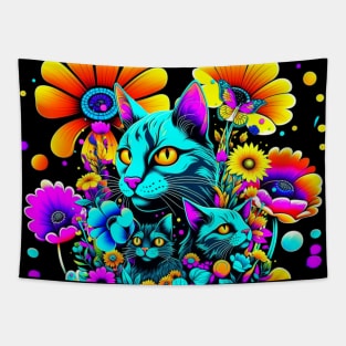 Psychedelic Cats and Flowers Tapestry