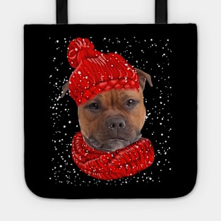 Staffordshire Bull Terriers Wearing Red Hat Christmas Tote