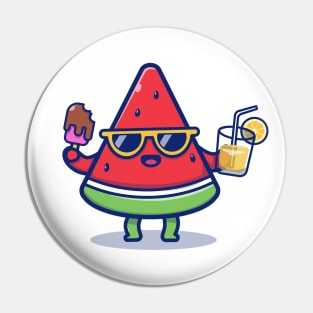 Cute Watermelon Holding Ice Cream And Orange Juice Pin