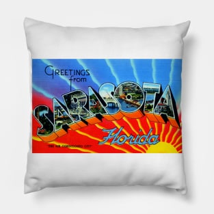 Greetings from Sarasota Florida - Vintage Large Letter Postcard Pillow