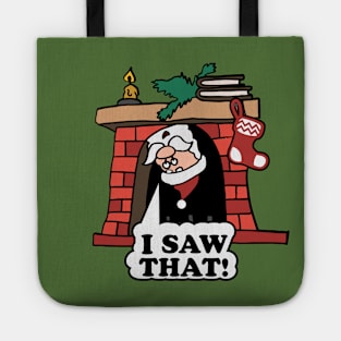 I Saw That! Santa looks out of the fireplace. Tote