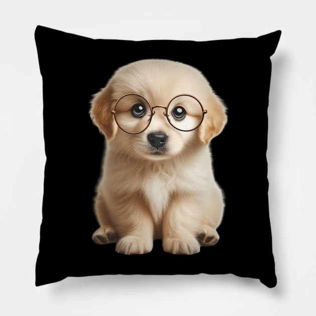 Golden retriever puppy with adorable round glasses Pillow by Divineshopy