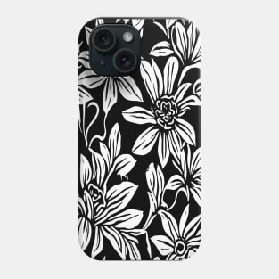 Black and White Floral Lino Print Phone Case