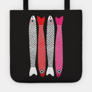 ANCHOVIES Bright Graphic Fun Groovy Fish in White Red Pink - Vertical Layout - UnBlink Studio by Jackie Tahara Tote