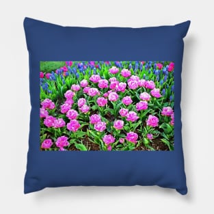 Fancy Pink Tulips with Grape Hyacinths Pillow