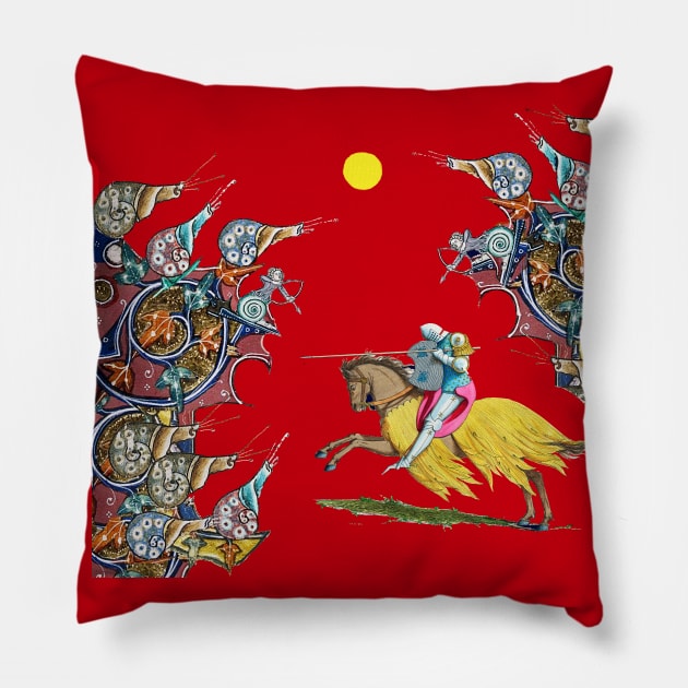 WEIRD MEDIEVAL BESTIARY WAR, KNIGHT HORSEBACK COMBATTING GIANT SNAILS IN ROYAL RED Pillow by BulganLumini