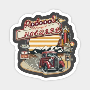 A graphic that captures the vintage vibe of a classic road trip, complete with iconic roadside attractions and retro typography. Magnet