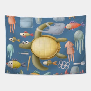 Plastic ocean with turtle and fishes. Tapestry