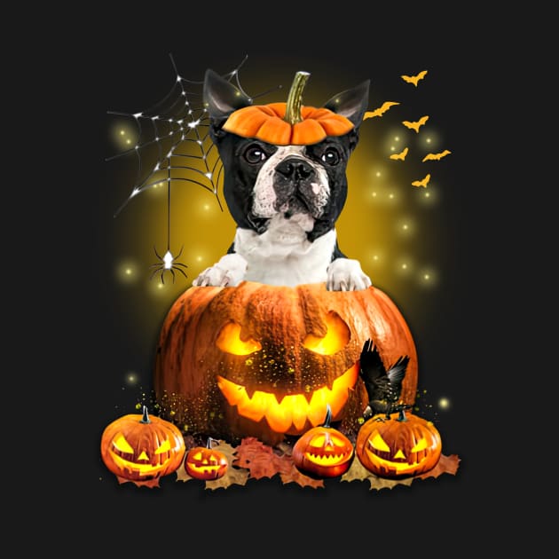 Black Boston Terrier Spooky Halloween Pumpkin Dog Head by Centorinoruben.Butterfly