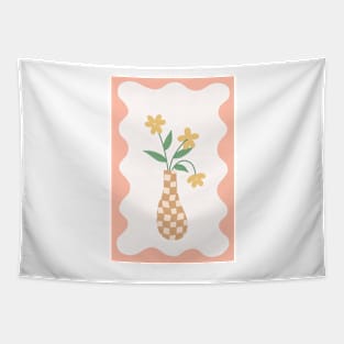 checkered warm beige and tan vase with yellow flowers with peach squiggle frame Tapestry