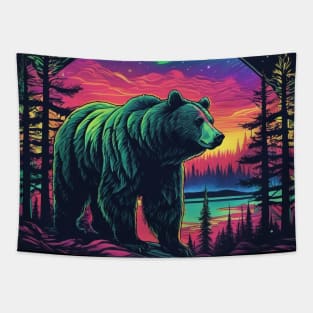 Brown Bear with Forest and Borealis, Colorful, Beautiful Tapestry