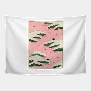 19th Century Japanese Pink Sky and Birds Illustration Tapestry