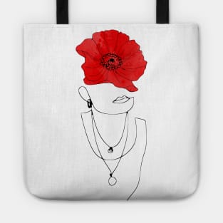 Woman face drawing with a red poppy Tote