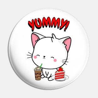 Cute white cat is having coffee and cake Pin