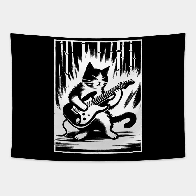 Electric Guitar Cat Rock Music Japan Style Funny Cat Tapestry by KsuAnn