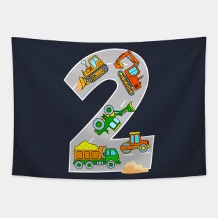 Toddler Boy 2nd Birthday Construction Excavator Dump Truck Bulldozer Tapestry