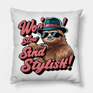 Woo! Slow and Stylish Sloth 2D Flat Illustration T-Shirt Design - Retro Pop Art Pillow