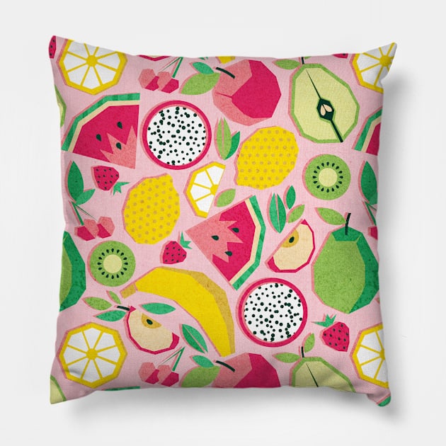 Paper cut geo fruits // pattern // pink background Pillow by SelmaCardoso