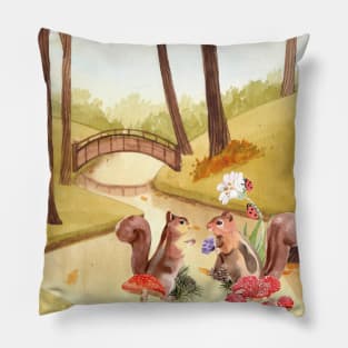 Woodland Sunset in Nature with squirrel Pillow