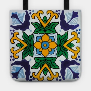 Floral baby blue mexican tile retro pattern Tote