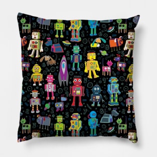 Robots in Space - black pattern Pillow