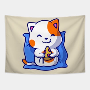 Cute Cat Eating Pizza on Pillow Cartoon Tapestry