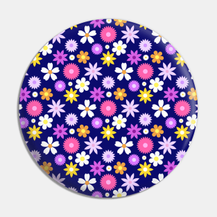 70s Style Retro Flower Pattern Color on Blue Pin