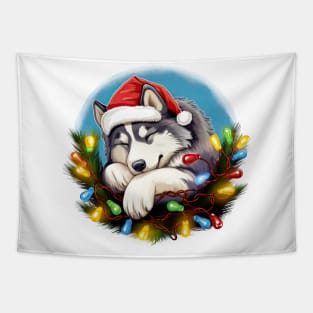 Lazy Siberian Husky Dog at Christmas Tapestry