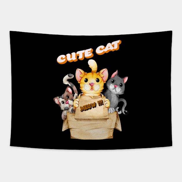 Cute Cat Animal Box Meow Tapestry by JeffDesign