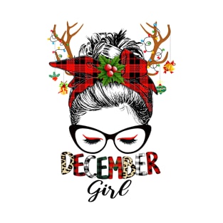 Reindeer Messy Bun December Girl Christmas December Birthday T-Shirt